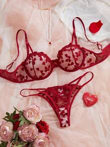 ROMWE Kawaii Women's Heart Mesh Splice Sexy Lingerie Set, Rave, For Valentine's Day