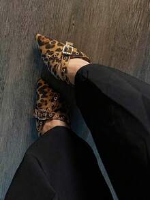 Mules Heels For Women Kitten Heel Sandals Pointed Toe Buckle Slip On Studded Pointed Stiletto Heels Party Dress Pumps - Leopard - View 7