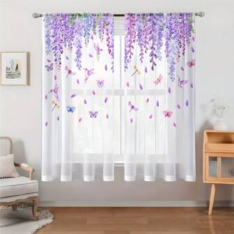 2 件人造丝 3D 数码印花紫藤、蜂鸟、蝴蝶薄纱窗帘，适用于办公室、家居、客厅、卧室，非常适合情人节和日常使用
