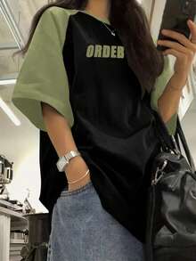 Women's Letter Print Contrast Color Block T-Shirt With Raglan Sleeves - Multicolor - View 4
