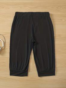 女士时尚抽绳休闲中长裤，适合夏季 - 黑色 - 查看 2