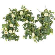 1pc Artificial Eucalyptus Garland With Flowers, White Roses Baby Breath Garland Floral Greenery Garland For Wedding Party Centerpiece Table Runner Backdrop Wall Decor Decoration Gifts Birthday Graduation