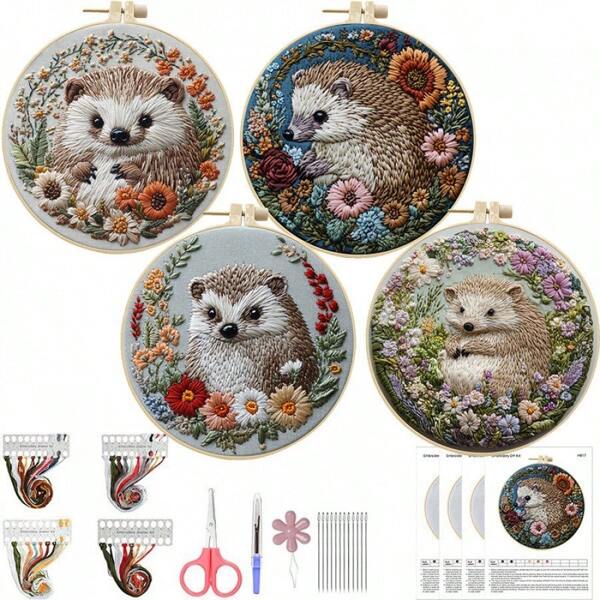 DIY Hedgehog Embroidery Craft Kit - Includes Printed Pattern, Sewing Thread, Embroidery Hoop, And Instructions. Suitable For Beginner, Mother's Day, Easter
