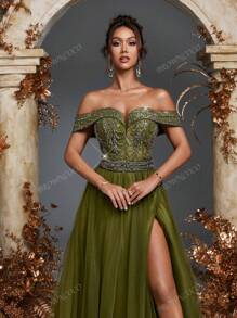 Olive Green Strapless Beaded Sequin Embellished Tulle Dress Beaded Gowns Formal Evening Party Dresses Gowns Wedding Guest Prom Dresses