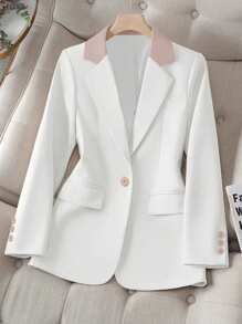 Damen Jacke mit Kragen, Knopfkontrast mit Einzelknopf, Lässig, Pendler, dünn, passend für das Büro