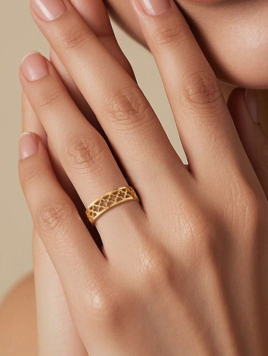 1Pc Elegant 925 Silver Hollow Four Leaf Clover Rings Minimalist Sytle 18K Gold Plated Women Rings For Daily Wear,Monther's Day Birthday Gifts