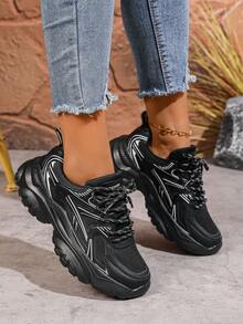 1 Pair Women's Black Athletic Sneakers, Breathable, Comfortable, Lightweight, Platform, Printed Design, Lace-Up, Mesh & Leather Panel Casual Running Shoes, Suitable For Spring/Summer, Fitness, Travel - Black - View 2