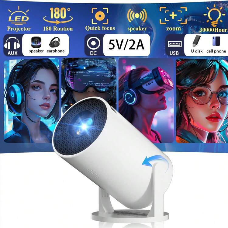 Mini Proiettore Portatile 4K 1080P Con Zoom E WiFi, Supporto Regolabile 360°, Per Cellulare, Tablet, PC E HDMI, Colore Bianco