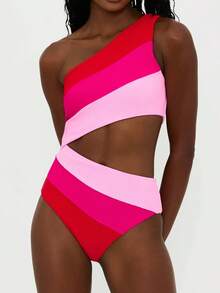 Women One Piece Swimsuits Monokini Bathing Suit Contrast Color One Shoulder Hollow-Out Sleeveless Summer Swimwear Bikini - Hot Pink - View 2