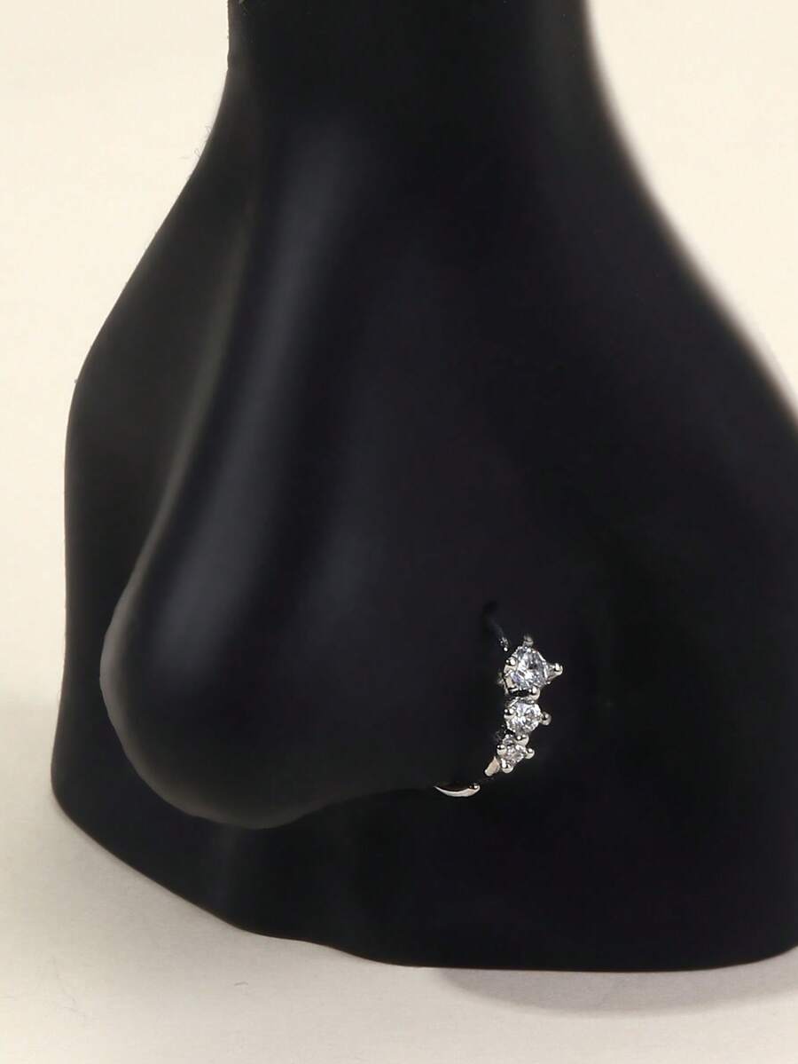 Women's Cubic Zirconia Nose Ring, Copper Alloy Studded Circular Soft Cartilage Ear Nose Piercing Body Jewelry - Silver - View 1