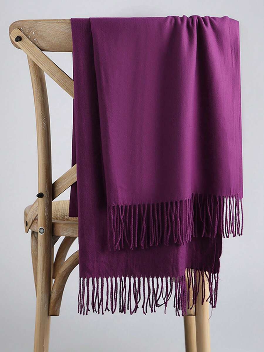 1 件装轻质纯紫色户外经典防风披肩围巾带流苏，简约时尚男女通用，适合日常外出、用餐、约会、空调房保暖 - 中紫紅色 - 查看 1