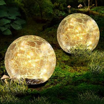 1个太阳能户外庭院灯，30颗LED裂纹玻璃球灯，景观花园装饰灯，户外装饰水晶球地埋灯，花园装饰冰球灯，适用于小路/露台/草坪/庭院的太阳能球形装饰灯（带地插）
