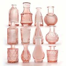 12 Pcs/Set Vintage Pink Glass Vases, Transparent Glass Small Flower Vase Set