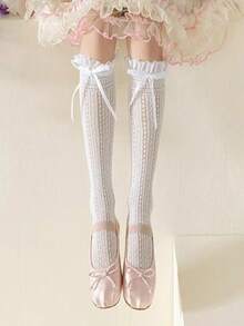 1pc Solid Color Over-The-Knee Long Lolita Stockings, Polyester Fiber, Suitable For Summer - Multicolor - View 3