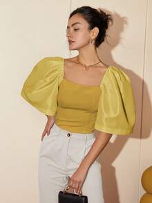 Modern Filipiniana Women's Casual Solid Color Puff Sleeve Square Neck Blouse, Summer Outfits For Women Crop Tops Business Casual - Mustard Yellow - View 4