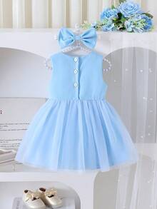 女婴可爱时尚公主裙，女婴夏季盖袖连衣裙，新生儿服装，可爱婴儿日常穿着 - 淺藍色 - 查看 2