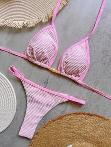 Pink Bikini Set With Thong Bottoms, Beach Swimwear - Baby Pink - View 1