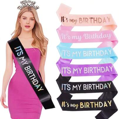 1Pc,'It's My Birthday' Sash Ribbon For Women And Men,It's My Birthday Sash Hot Pink White Rose Gold Black With Iridescent Foil Sash For 16th 18th 21st 30th 40th 50th 60th 70th 80th 90th Birthday Sash Gift Or Any Bday Party Birthday Party, For Any Age