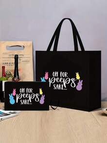 Easter Theme Women's Linen Tote Bag Set, Includes 1 Tote Bag With Rabbit Ear And Easter Pattern Print, And 1 Printed Pouch, Suitable For Beach, Bridesmaid Gift, Travel, Makeup Bag, Easter Gift, Beach, Travel, Vacation, Commute, Daily Use, Great Gift For Girlfriend, Mother's Day, Birthday, Anniversary - Multicolor - View 10