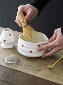 1pc/2pcs/4pcs/5pcs Hand-Painted Heart Matcha Tea Set, Cute Matcha Bowl, Tea Whisk, Tea Spoon, Complete Matcha Tea Utensils Set, Suitable For Matcha Beginners, Gift For Matcha Lovers, Birthday Present Back To School