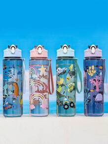 1 pieza Botella de agua a prueba de fugas de 800 ml con diseño de patrón de animal de dibujos animados lindo (dinosaurio, arcoíris), con pajita, correa de transporte y diseño a prueba de golpes - Adecuado para viajes, exterior, estudiantes, guardería, práctico para uso escolar