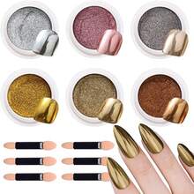 6 Colors  Nail Powder, Silver Gold Metallic Mirror Effect  Nail Powder, Holographic Shiny Nail Art Decorative Pigment Suitable For DIY Gel Polishing, Y2K Holographic Icy Skin Aurora Nail Powder, Fine Mirror Polished 0.5g - 彩色 - 查看 8