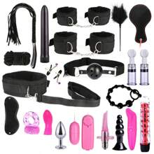 21 pièces Kit BDSM pour adultes Jouets sexuels pour femmes et hommes Menottes Pinces à mamelon Fouet Fessée Plug anal en métal Vibromasseur Produits SM