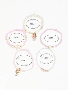 5 件装珍珠串珠手链套装，配有海星和贝壳吊坠，女式弹力绳串珠手链