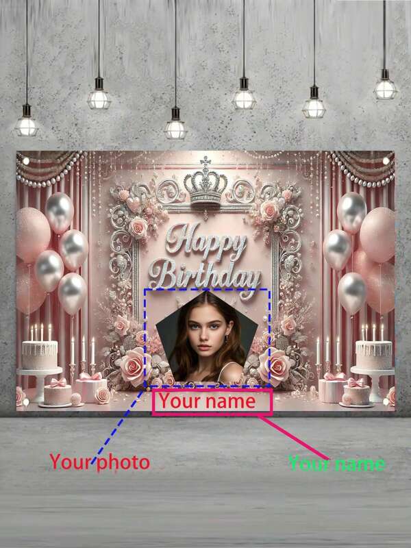 1pc Customized Birthday Background Cloth, With Custom , Name, For Birthday Party, Anniversary Celebration, Elegant Pink Happy Birthday Banner, Princess Girl Party Decorations, Photography Backdrop With Crown, Roses, Balloons, Cake Table, Photo Booth Props, Personalized