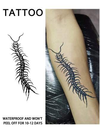 1Pc Tattoo Fake Y2K Temporary Tattoos Semi Permanent Tattoo Scolopendra Insect Waterproof Sweatproof Last For 1-2 Weeks Realistic Herbal Juice Anti-Friction Non-Reflective Black For Woman And Men Tattoo Stickers For Arm, Chest, Leg, Abdomen, Waist, Finger, Neck, Spine, Modernist Body Art
