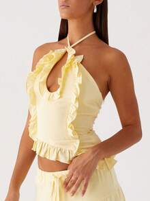 Women Ruffle Frill Halter Tops Sexy Cutout Backless Cami Tanks Asymmetrical Hem Y2K Slim Fit Cute Going Out Summer Crop Top - Yellow - View 2