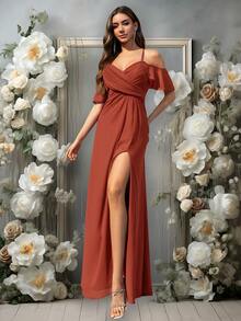 Volly Toych 焦橙色秋季正式礼服，A字V领褶皱雪纺优雅伴娘/婚礼宾客礼服 - 鏽棕色 - 查看 4