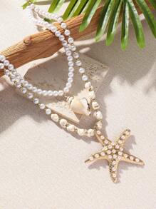 1 Peça Colar Artesanal Multicamadas com Contas de Pedra, Pérola, Pingente de Estrela do Mar Dourada de Metal, Para Mulheres Festa de Praia Viagem de Férias, Colar de Pérola de Concha Estrela do Mar, Acessório de Roupa de Praia para Meninas, Colar de Joias Exageradas, Colar de Estrela do Mar Robusto