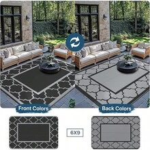 Outdoor Rug Garden Rugs Waterproof Reversible Plastic Carpet, Washable Large Outdoor Rug For RV, Patio, Camping, Picnic, Deck, Camper - Black & Grey - View 4