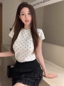 Summer Korean Style Round Neck Fitted Casual Polka Dot Short Sleeve T-Shirt White - White - View 2