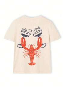 Lobster Illustration Of Sea Salt Soda Flavor, Women's Casual Loose Oversized Round Neck Short Sleeve T-Shirt, Summer Beach Outfits