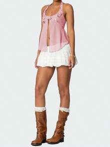 Womens Y2K Sequin Cami Tops Sexy Sparkle Lace Up Crop Top Tie Up Halter Scoop Neck Straps Tank Top - 粉色 - 查看 4