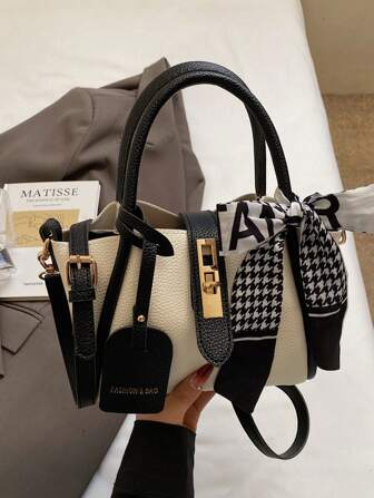 1 pieza Bolso de mano de piel de PU con cierre de cremallera, textura de litchi y unicolor, con adorno de bufanda, apropiado para uso diario