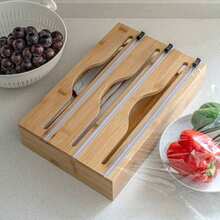 All-In-One Food Wrap Dispenser With Aluminum Foil & Stretch Film Cutter Box, Fresh Bamboo Bag Cutter Rack, Wooden Storage Rack For Garbage Bags & Plastic Bags, Convenient & Quick For Kitchen - Multicolor - View 6