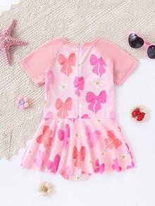 女童夏季沙滩泳衣，可爱蝴蝶结设计短袖荷叶边连体泳衣 - 粉色 - 查看 2