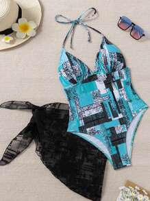 European & American Fashion Sexy Geometric Print Halter One-Piece Swimsuit With Matching Cover-Up Skirt