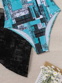 European & American Fashion Sexy Geometric Print Halter One-Piece Swimsuit With Matching Cover-Up Skirt