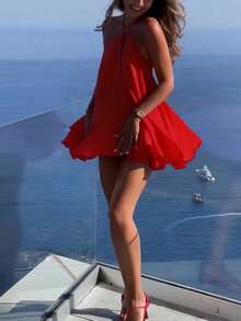 Spring/Summer Women Sexy Deep V Neck Spaghetti Strap Backless Loose A-Line Ruffled Hem Mini Dress, Suitable For Vacation, Streetwear, Tropical Style - View 2