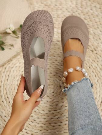 2025 秋季女士四季针织玛丽珍平底鞋，纯色一脚蹬圆头鞋，织物鞋面和衬里，橡胶鞋底，支持手洗