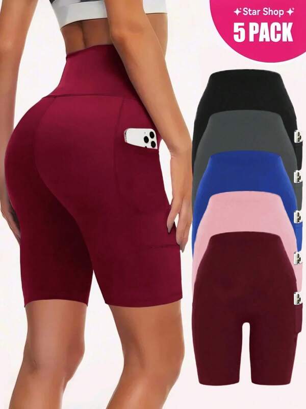 5 Pack Women's Biker Shorts With Pockets, 11" High Waist Black Workout Sports Spandex Shorts For Gym Yoga Running Summer Clothes