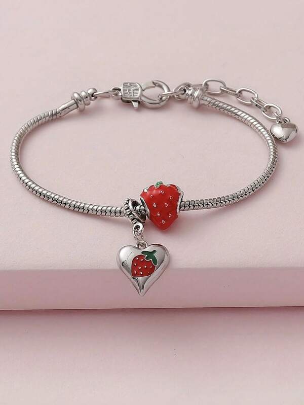 1pc Sweet Cute Simulated Oil Painting Heart-Shaped Strawberry Fruit Bracelet, Suitable For Daily Wear, Dating, Vacation And Casual Outfits