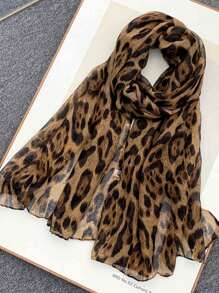 1 pièce Foulard mode femme, foulard de soie oblong imprimé léopard style vintage américain rétro, tissu fin en satin haut de gamme, motif imprimé zébré léopard, châle essentiel pour les voyages extérieurs