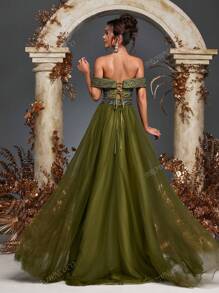 Olive Green Strapless Beaded Sequin Embellished Tulle Dress Beaded Gowns Formal Evening Party Dresses Gowns Wedding Guest Prom Dresses