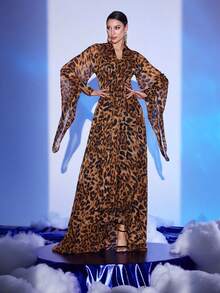 Brown V-Neck Long Sleeve Chiffon Dress, Modest - Brown - View 2