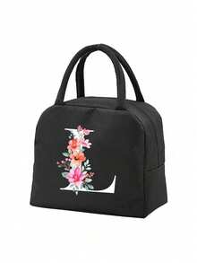 1pc Letter Print Insulated Lunch Bag, Thermal Lunch Tote, Handbag, Lunch Box, Ice Pack, Picnic Food Tote Bag, Canvas Lightweight Portable Lunch Storage Bag, Ideal For School, Office, Picnic, Birthday Gift, Souvenir. This Is A Novel Design With Large Capacity Portable Casual Lunch Insulation Bag, An Ideal Tote Bag For School Supplies. - Black - View 29